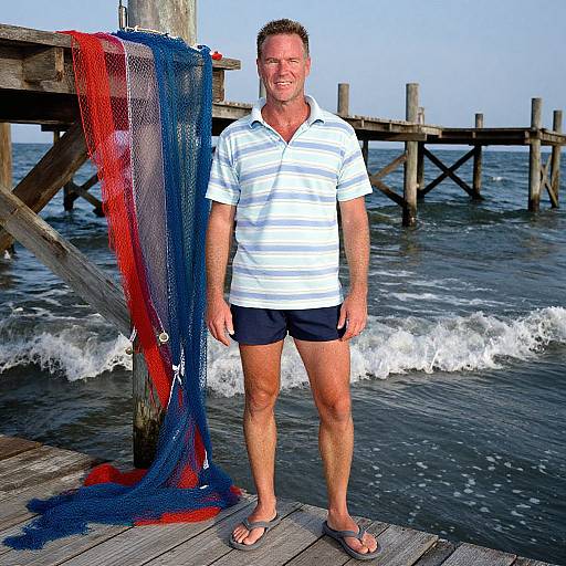 Middle-aged Man Standing on Pier with Fishing Nets by the Ocean