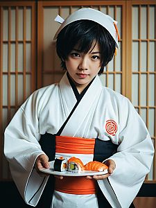 Boy in Sushi Costume Photorealistic Playful Cosplay Portrait Cinematic