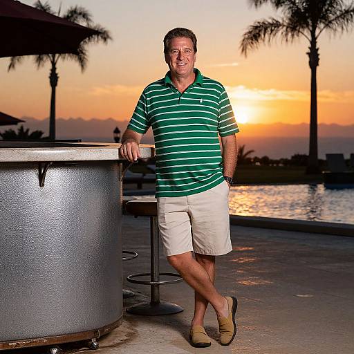 Man Relaxing Near Pool Bar at Sunset with Palm Trees