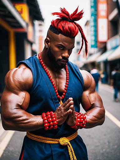 Muscular Man Cosplaying Akuma From Street Fighter With Red Hair and Martial Arts Gi