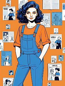 Confident Young Woman in Denim Overalls with Orange Background