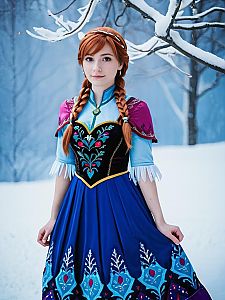 Woman in Fairytale Costume in Snowy Forest