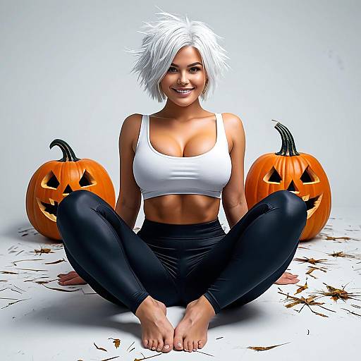 Fit Woman with White Hair in Sportswear Posing with Halloween Pumpkins