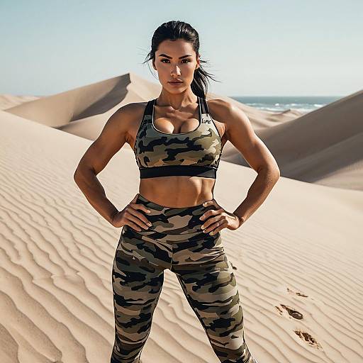 Fit Woman in Camouflage Activewear Posing in Desert Dunes