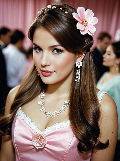 Elegant Woman in Pink Floral Costume at Sweet Party