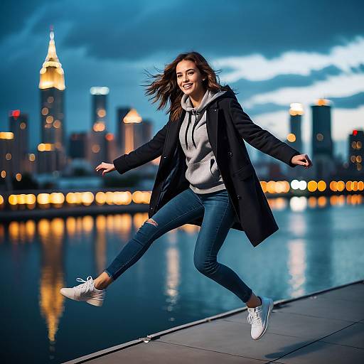 Joyful Young Woman Jumping by Waterfront with City Night Skyline