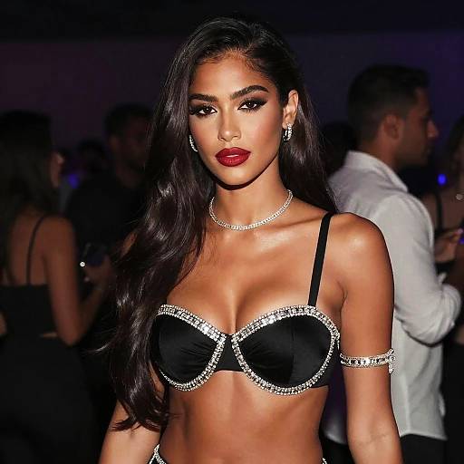 Glamorous Woman in Rhinestone Embellished Black Bra Top at Nightlife Event