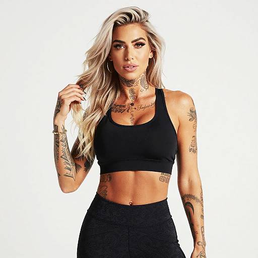 Tattooed Woman in Black Sportswear Fitness Portrait