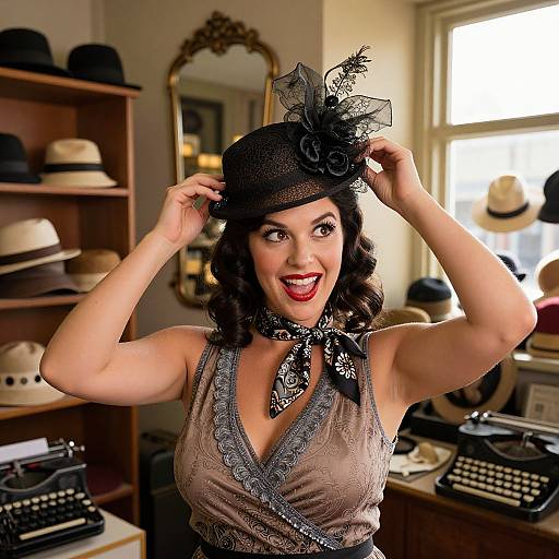 Vintage Style Woman Trying On Black Lace Hat in Retro Hat Shop