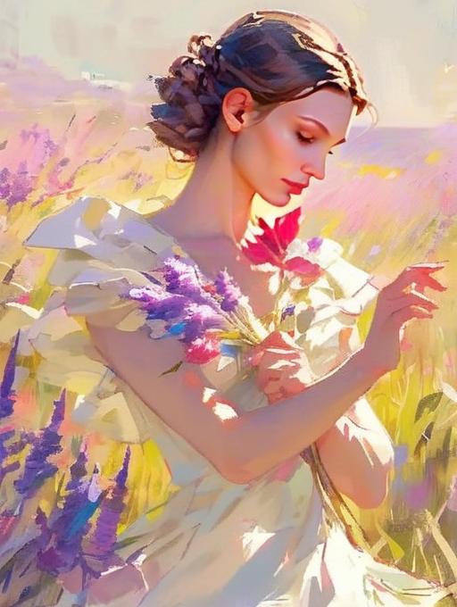 Serene Woman Holding Flowers in Sunlit Field Digital Painting