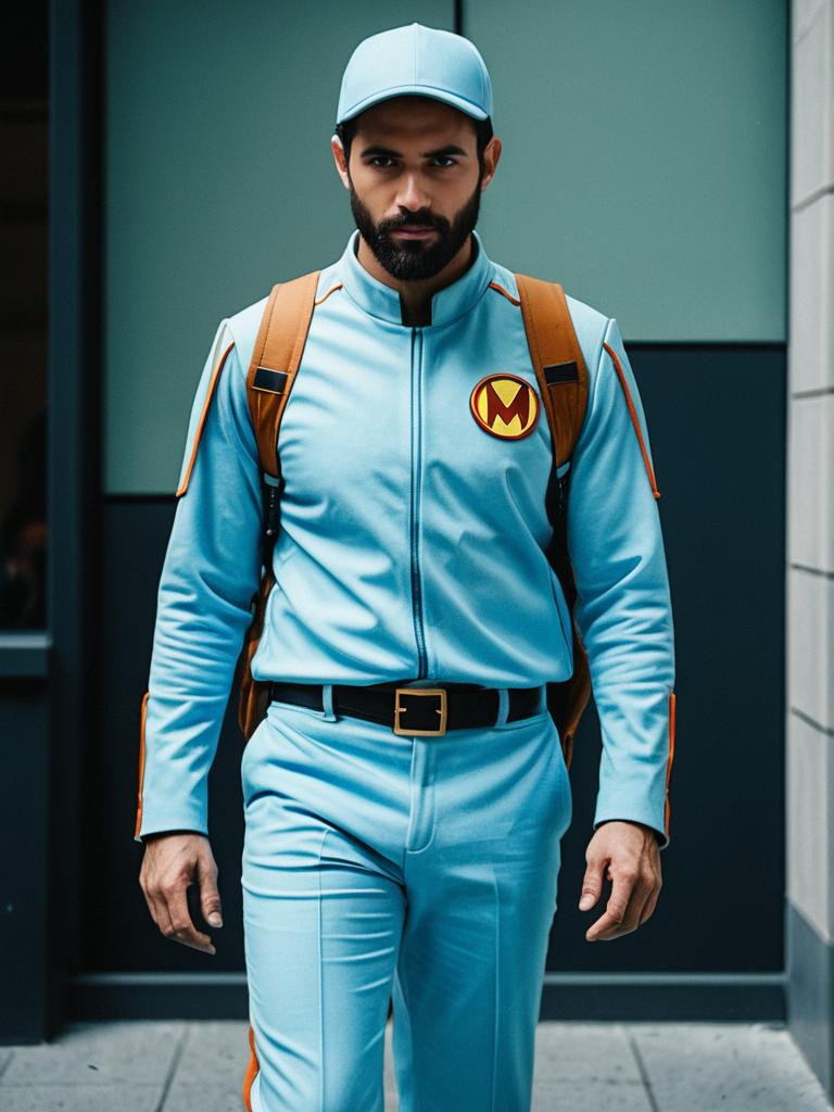 Man in Light Blue Matching Costume Cosplay with Cap and Backpack