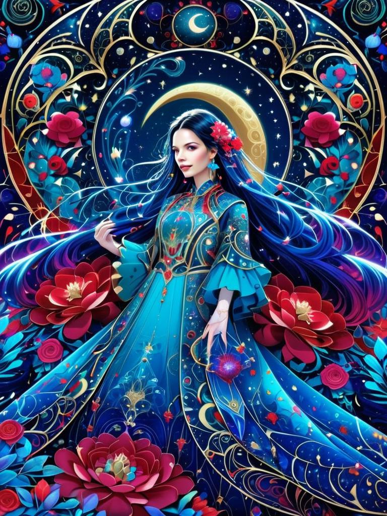 Mystical Woman in Celestial Blue Gown Surrounded by Red Flowers Digital Artwork