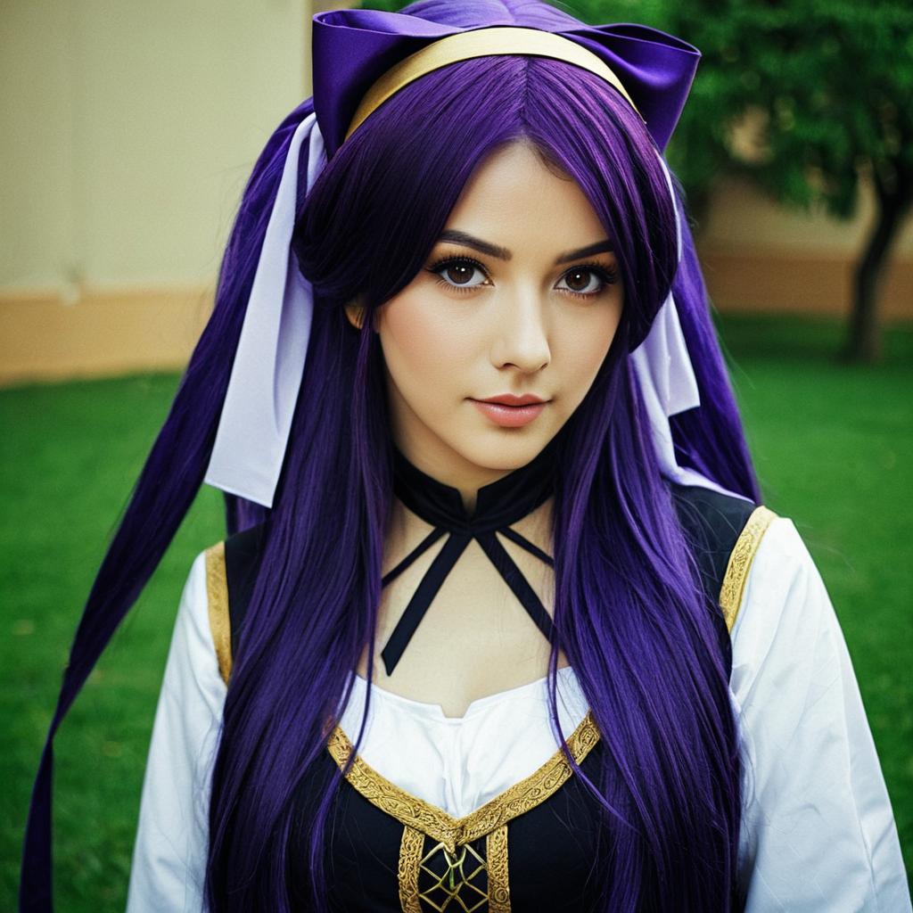 Al Azif Cosplay with Long Purple Hair and Elaborate Costume