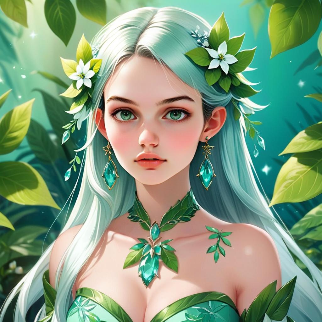 Fantasy Portrait of Woman with Mint Green Hair and Leaf Jewelry in Nature