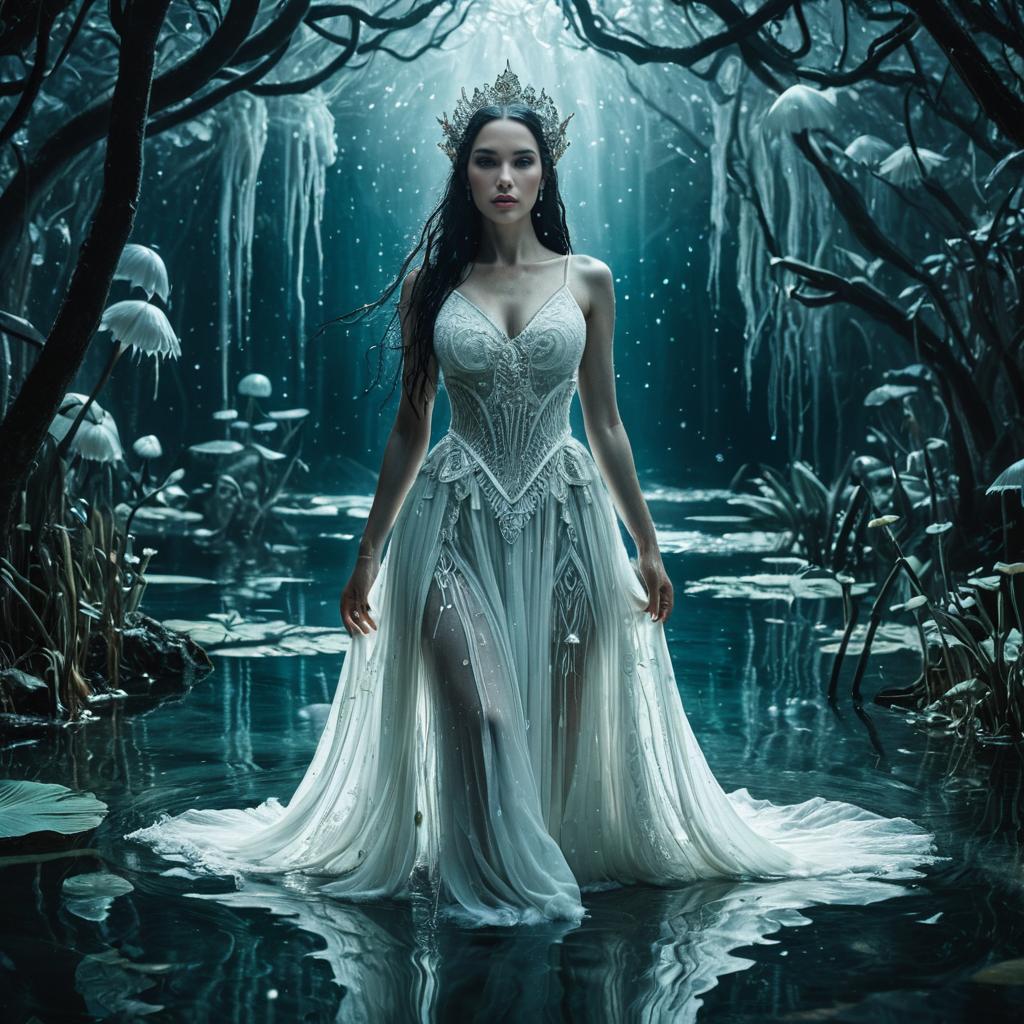 Enchanting Woman in White Gown in Mystical Forest Pond