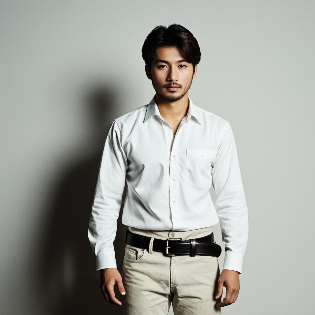 Confident Young Man in White Shirt and Beige Pants Standing Against Gray Background Confident Young Man in White Shirt and Beige Pants Standing Against Gray Background