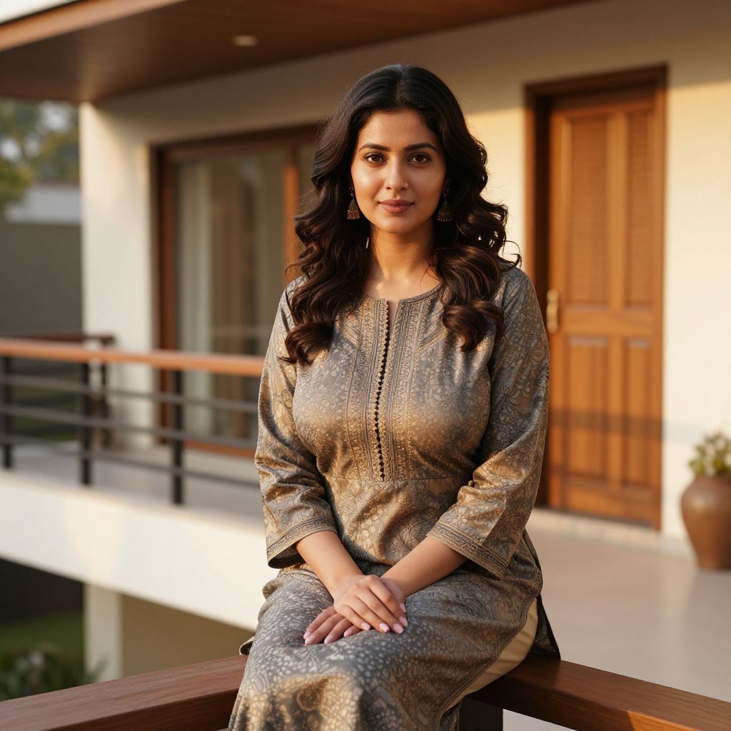 Elegant Woman in Traditional Outfit Sitting Outdoors in Golden Hour Light