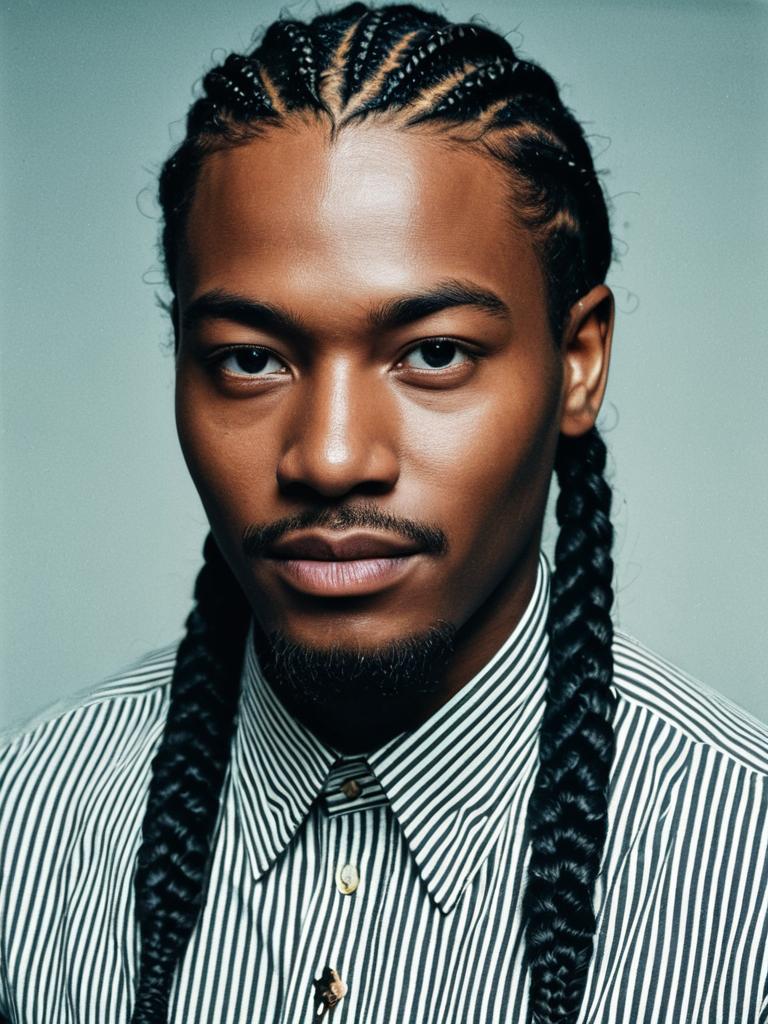 Photorealistic Fashion Studio Portrait of Man with Cornrow Braids