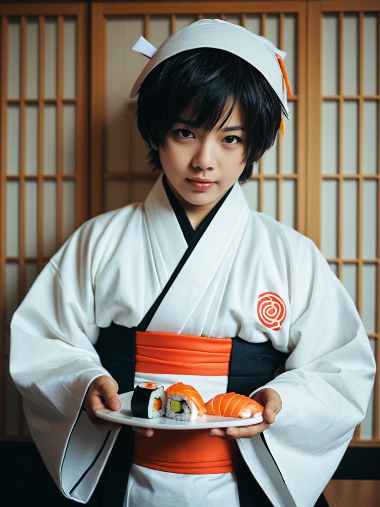 Boy in Sushi Costume Photorealistic Playful Cosplay Portrait Cinematic
