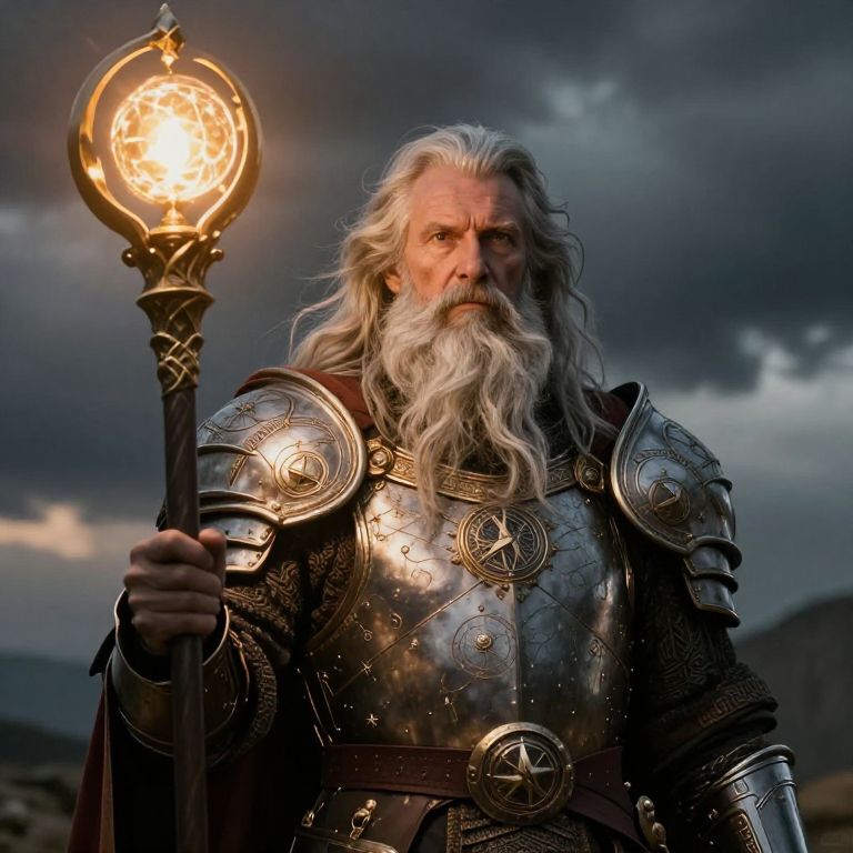 Elderly Warrior with Glowing Staff in Star-Emblazoned Medieval Armor