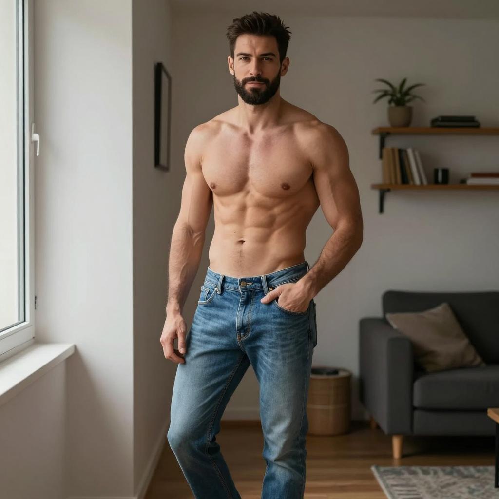 Shirtless Muscular Man in Blue Jeans Posing Indoors