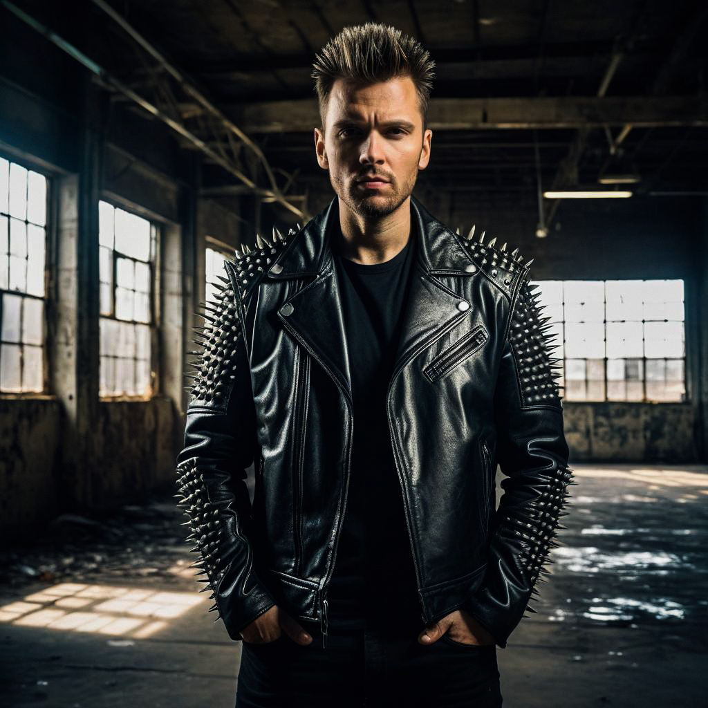 Confident Man in Edgy Leather Jacket in Abandoned Warehouse
