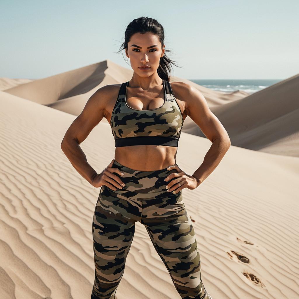 Fit Woman in Camouflage Activewear Posing in Desert Dunes