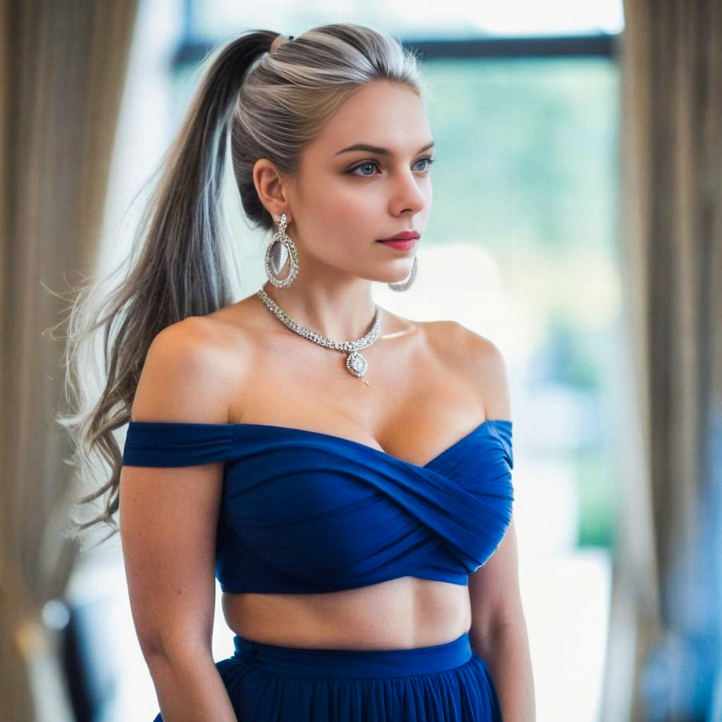 Elegant Woman in Blue Off-Shoulder Outfit Elegant Woman in Blue Off-Shoulder Outfit