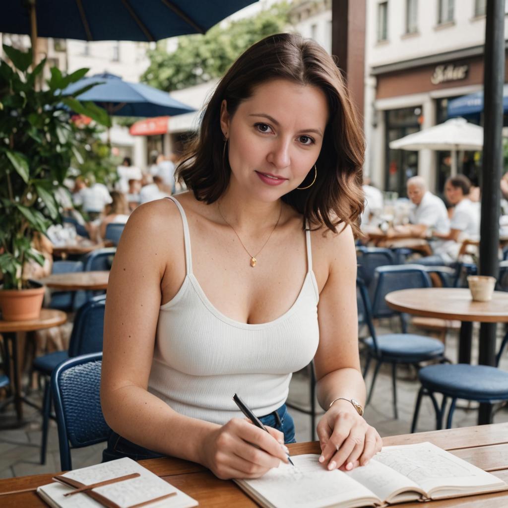 Thoughtful Woman Writing at Sidewalk Café