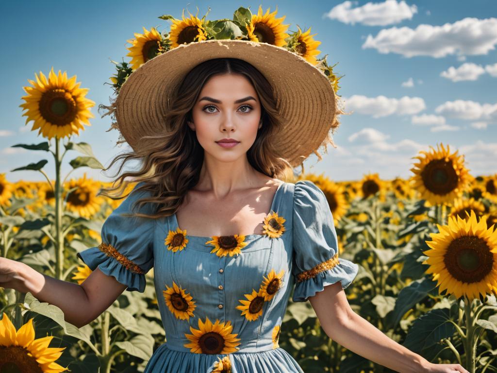 Boho-chic woman in sunflower field