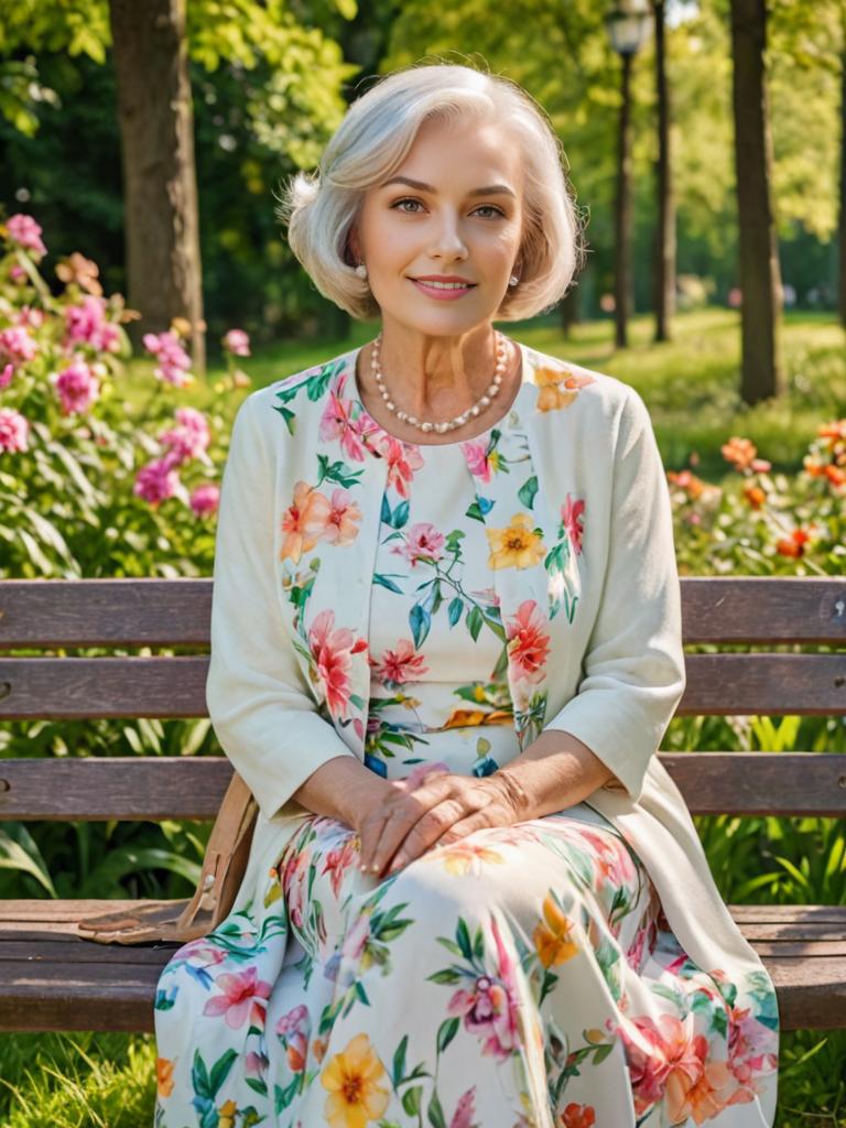 Elegant Senior Woman in Floral Dress on Park Bench