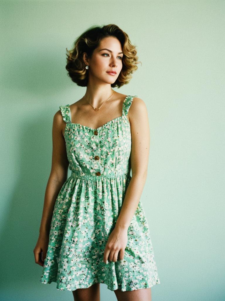 Woman in Vintage Green Floral Dress with Soft Lighting