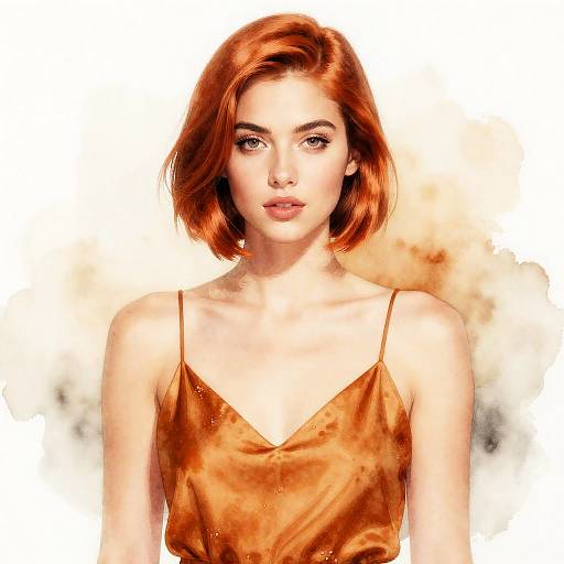 Red Haired Woman in Orange Satin Dress with Watercolor Effect