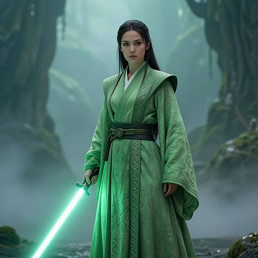 Woman in Green Robe with Glowing Lightsaber in Misty Forest