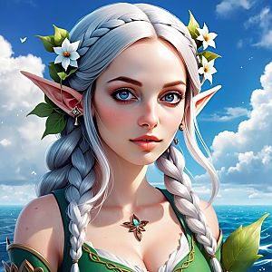 Elven Woman with Blue Eyes in Ocean Setting