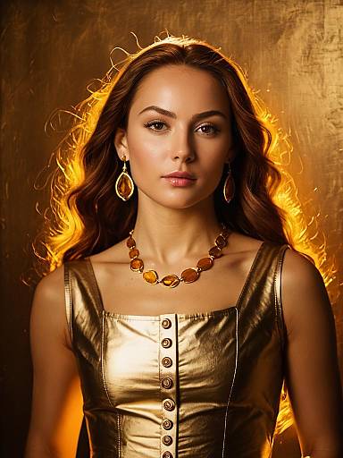 Elegant Woman in Metallic Gold Sleeveless Top with Amber Jewelry