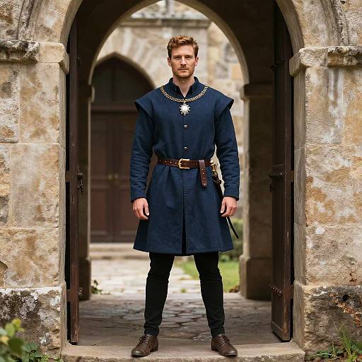 Noble Male in Medieval Costume Standing in Stone Archway