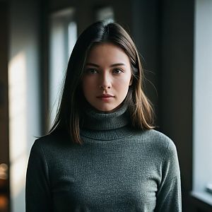Young Woman in Grey Turtleneck Sweater with Natural Light Portrait