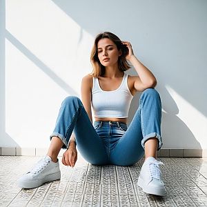 Young Woman in White Crop Top and Blue Jeans Sitting on Tiled Floor