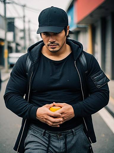 City Street Portrait of Man in Black Cap Holding Orange