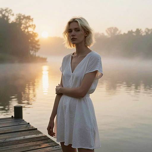 Young Woman in White Dress on Misty Lake Dock at Sunrise