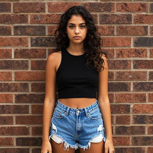 Confident Young Woman Wearing Black Crop Top and Distressed Denim Shorts Against Brick Wall