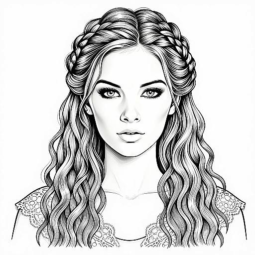 Detailed Black and White Portrait Illustration of a Woman with Braided Hair