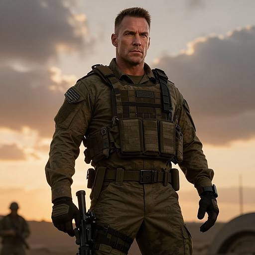 Male Soldier in Tactical Gear During Sunset with Military Equipment