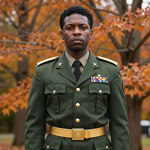 Young Man in Formal Military Uniform with Autumn Background