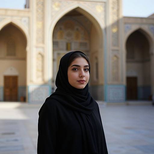 Portrait of Woman in Black Hijab with Islamic Architectural Background
