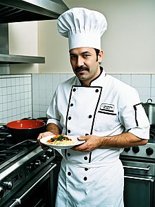 Male Chef in Classic Chef Costume Holding Spaghetti in Professional Kitchen