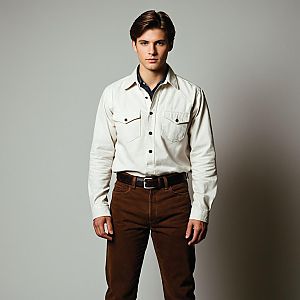 Young Man in Classic Cream Shirt and Brown Pants Standing Against Neutral Background