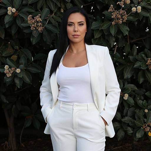 Confident Woman in White Suit Standing Against Green Foliage