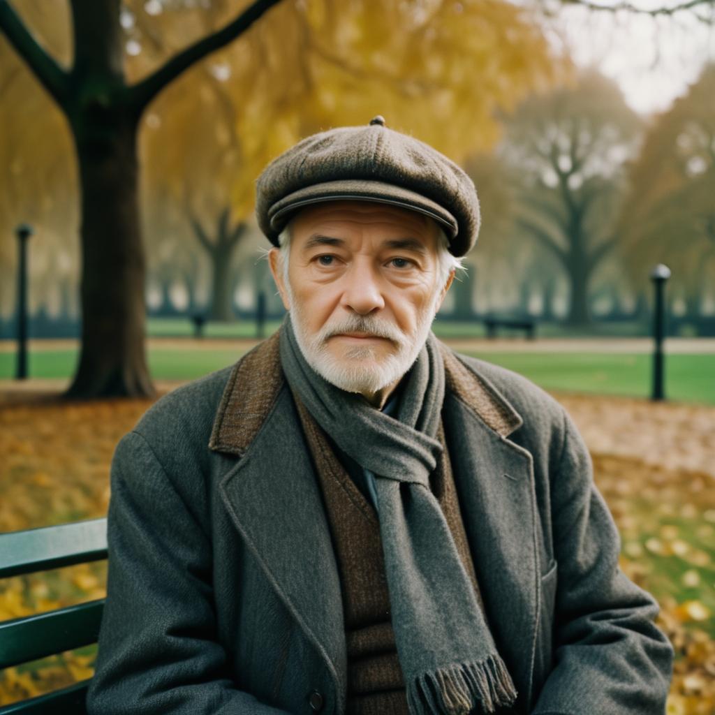 Thoughtful Elderly Man on Park Bench in Autumn